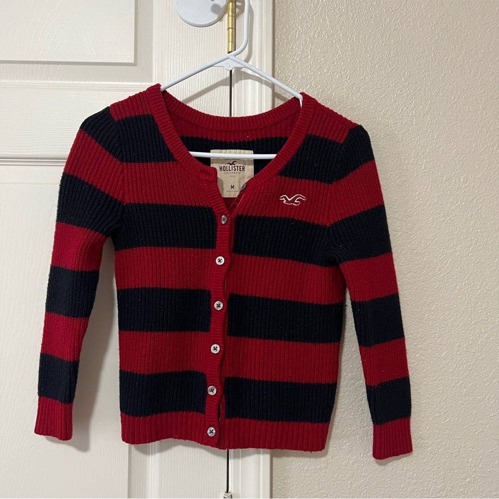 Y2K Kids Hollister Bold Red and Navy Knit Button Cardigan - Medium